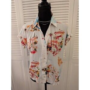 Jane + Delancey Shirt Women's L Italy Greece Travel Scenes Short Slv Blouse Top